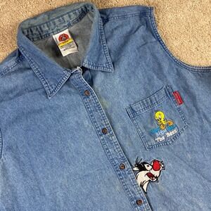 Vintage 90s Looney Tunes Sleeveless Denim Shirt Sylvester Tweety Button Down‎